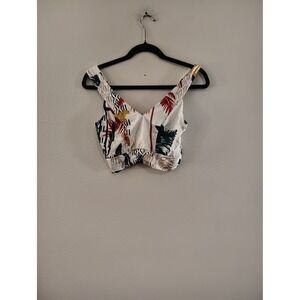 ChicMe Tropical Palm Print Twist Front Crop Top White Multicolor Size M Zipper